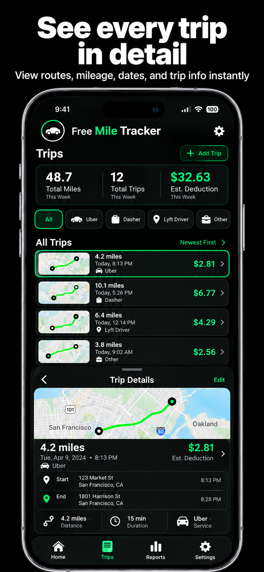 Free Mile Tracker trip-history preview showing routes, mileage, driving services and trip details